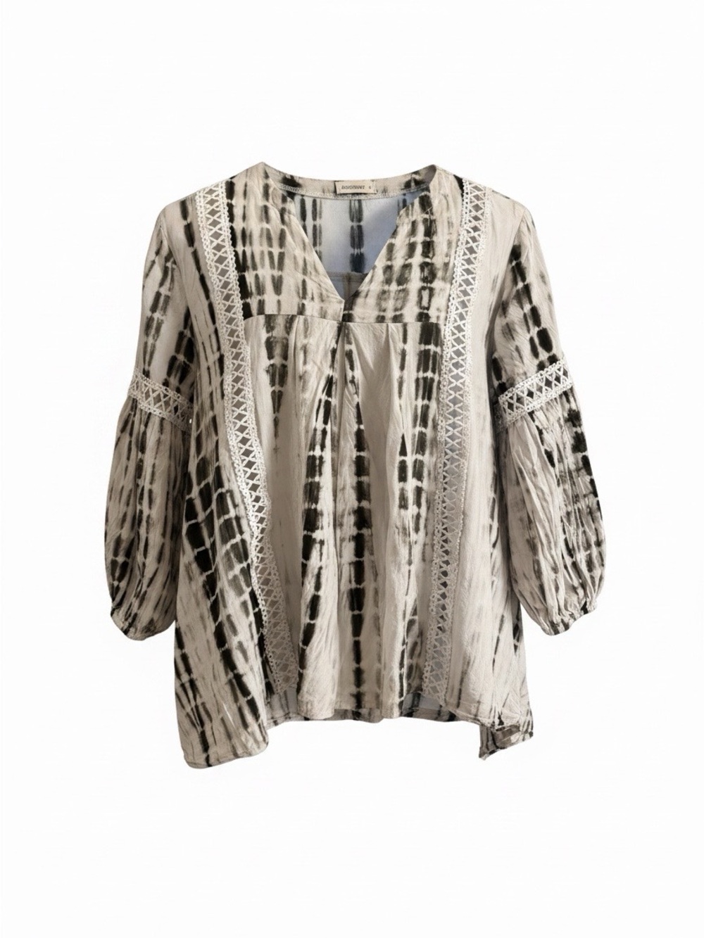Boho Tie-Dye V-Neck Peasant Blouse - olive green & Cream